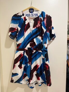 Abstract Brushstroke Blue & Red V-Neck Women’s Dress